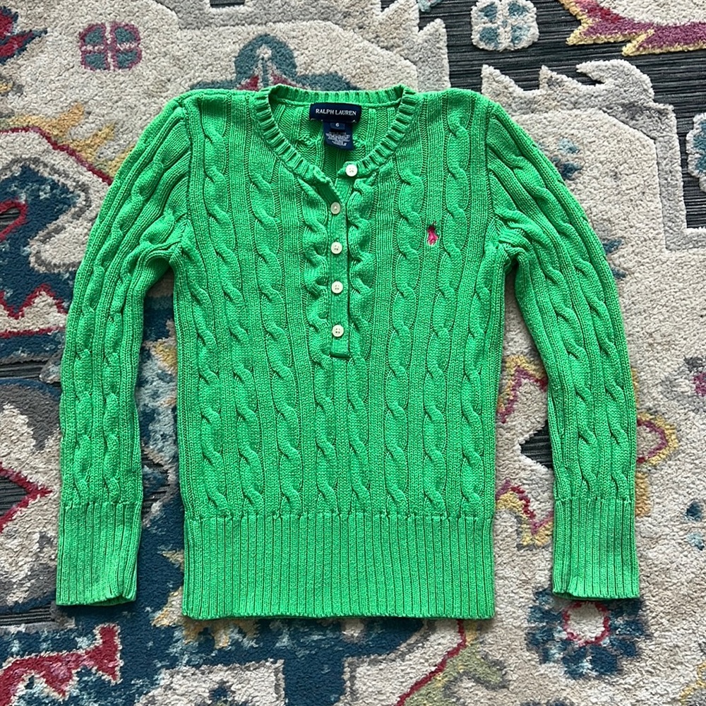 Girl’s Green Button Up Ribbed Ralph Lauren Sweater - No Flaws